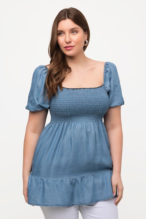 Smok-Longbluse, A-Linie, Carree-Ausschnitt, Halbarm