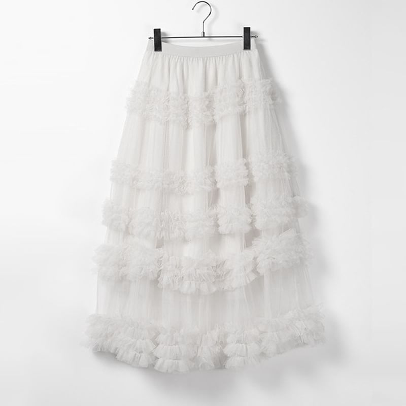 Lexama - Hoge taille effen geplooide mesh maxi A-lijn rok