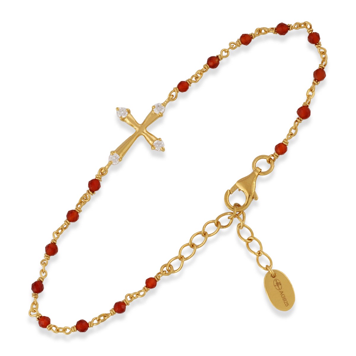 Bracelet En Argent Doré Croix Pierres Naturelles Rouges