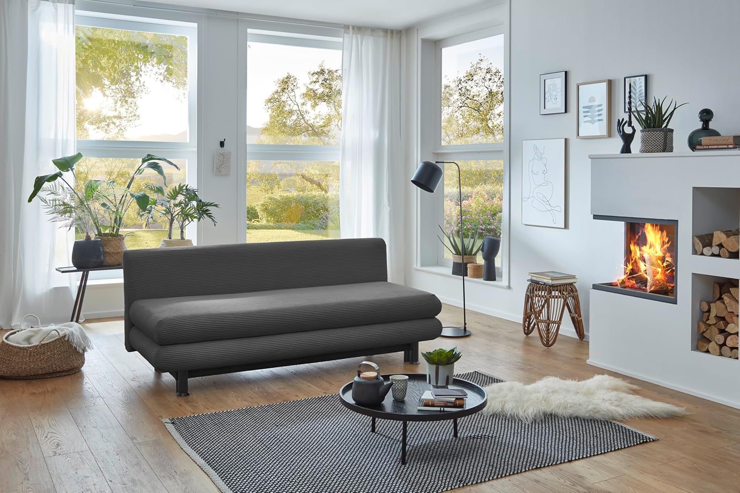 Betten-ABC Flair - 2-Sitzer Schlafsofa mit Stauraum, Schlaffunktion, Bonnellfederkern, Komfortschaum-Polsterung, inkl. Kissen, Anthrazit, 196x92x93 cm