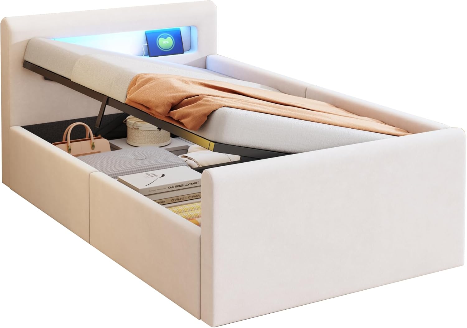 Polsterbett Kinderbett 90x200 cm mit USB Anschluss und LED Licht, Hydraulisches Bett mit Stauraum und Kopfteil, Einzelbett Bettgestell mit Lattenrost, Samt, Beige, Ohne Matratze