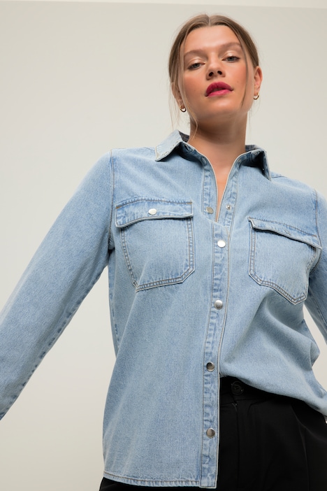 Jeanshemd, Loose Fit, Kragen mit Glitzersteinchen, Langarm