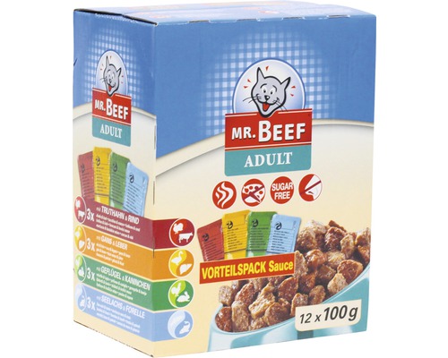 MR. BEEF natvoer voor katten in saus, 1 verpakking (12 x 100 g)