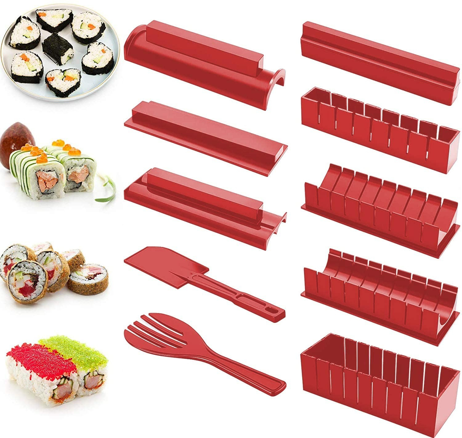 (10-tlg. Set) Sushi Maker 5 Formen Maki Rollhilfe Kit - Rot