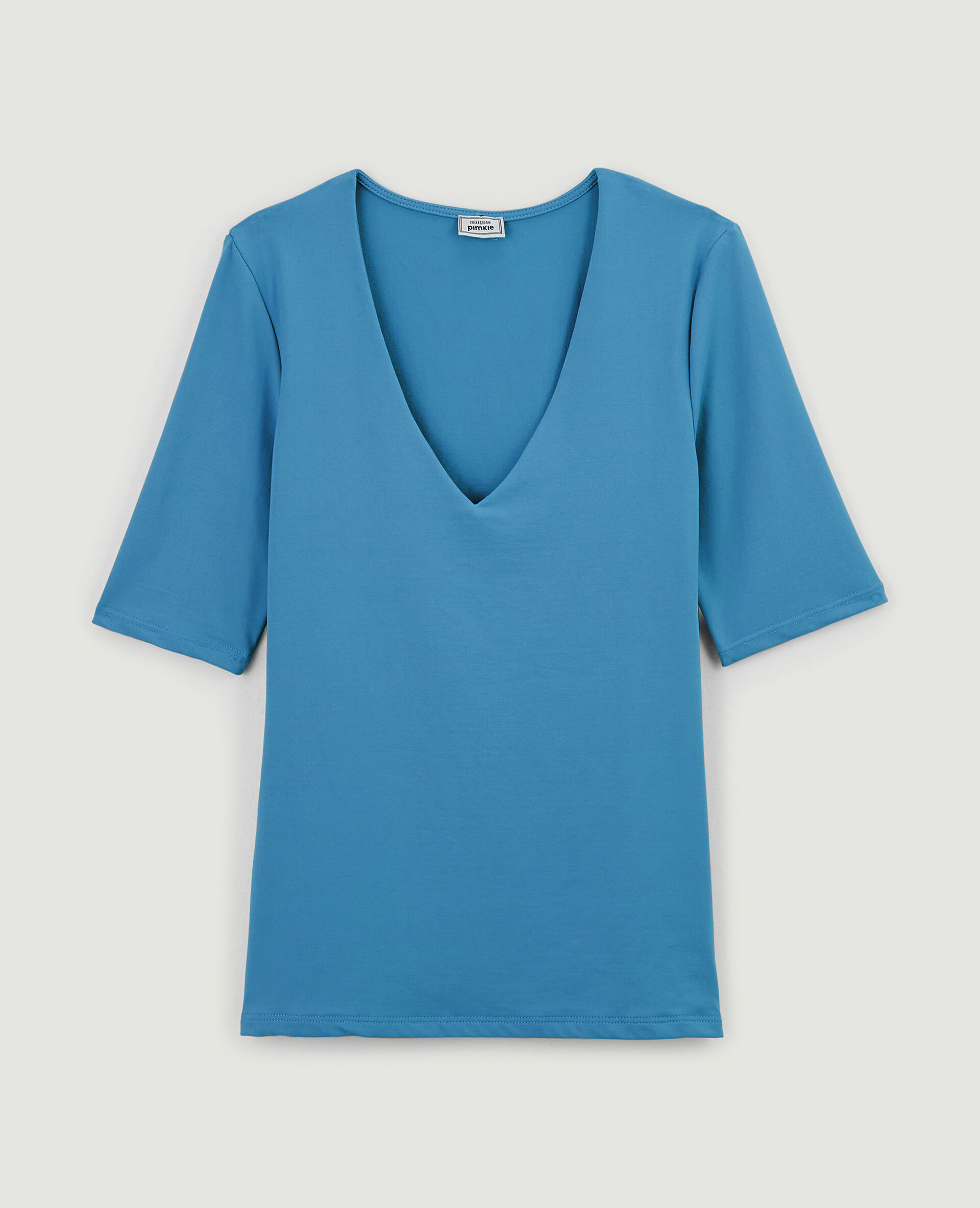 Top col V en maille - Bleu