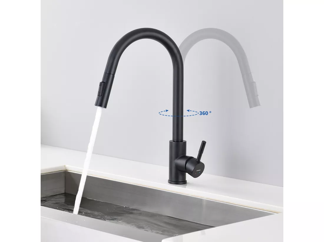 LONHEO MAX Mitigeur de Cuisine Noir 7-Forme avec 2 Fonctions Douchette Extractible Robinet d'évier Rotatif à 360° en Inox avec Barboteur démotable