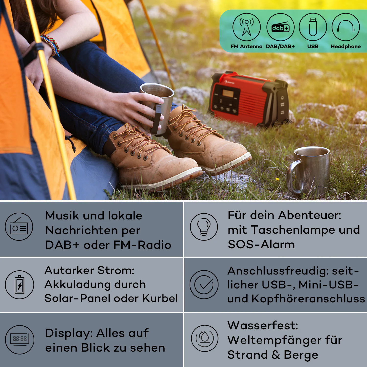 Patagonia DAB+ Outdoor-Radio DAB / DAB+ / FM Kurbelaufladung USB SOS-Alarm wasserdicht Rot