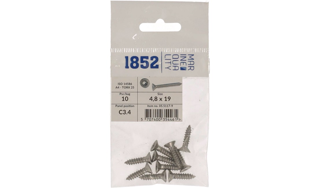 Skrue undersænk 4,8x19 a4 torx 10 stk iso 9478-4
