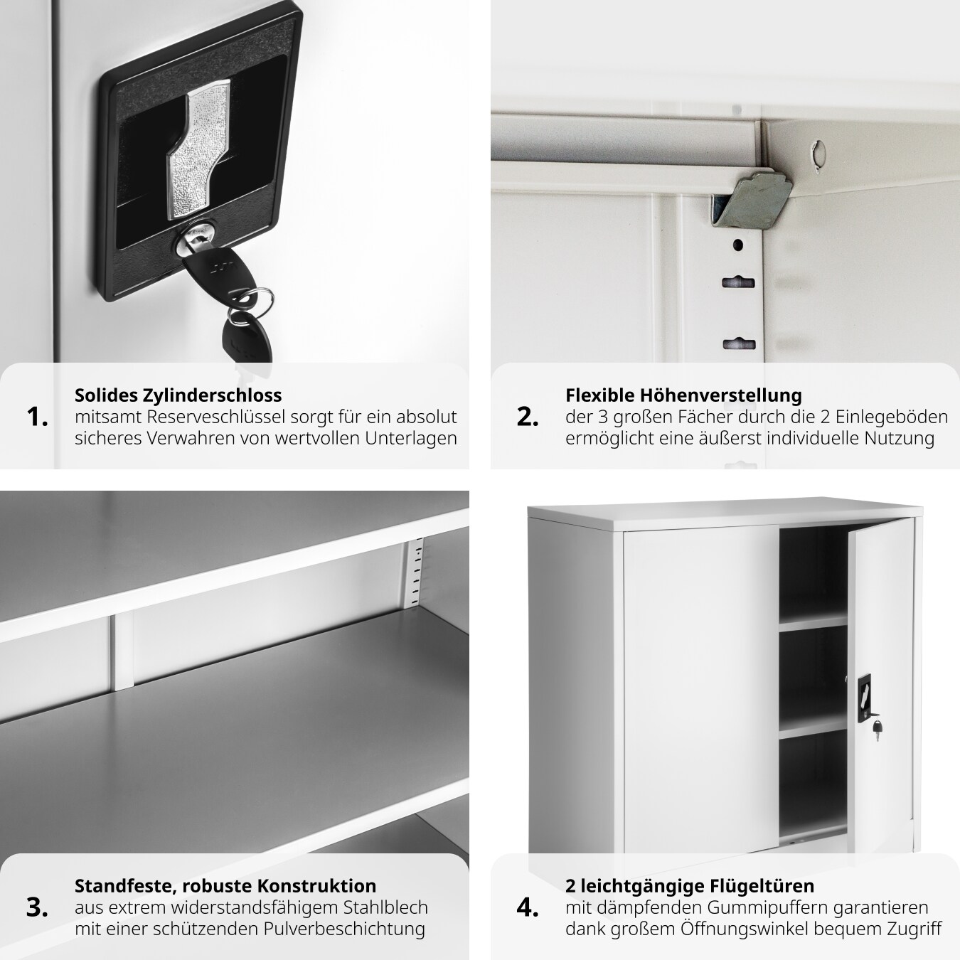 tectake® Aktenschrank, aus pulverbeschichtetem Stahl, 2 höhenverstellbare Einlegeböden, 90 x 40 x 90 cm