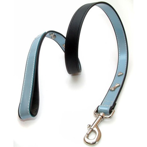 Guia de couro azul para cães com estampa de osso