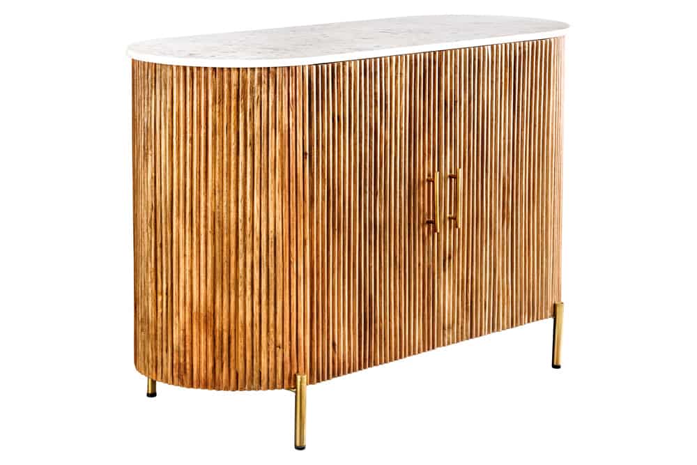 Massives Sideboard TRES CHIC 105cm natur Mangoholz weiß Marmor gold Metall