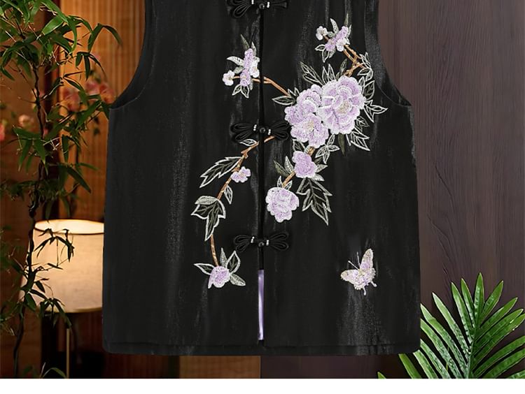 Fioridi - Mandarijn kraag bloemen geborduurd kikker knoop vest