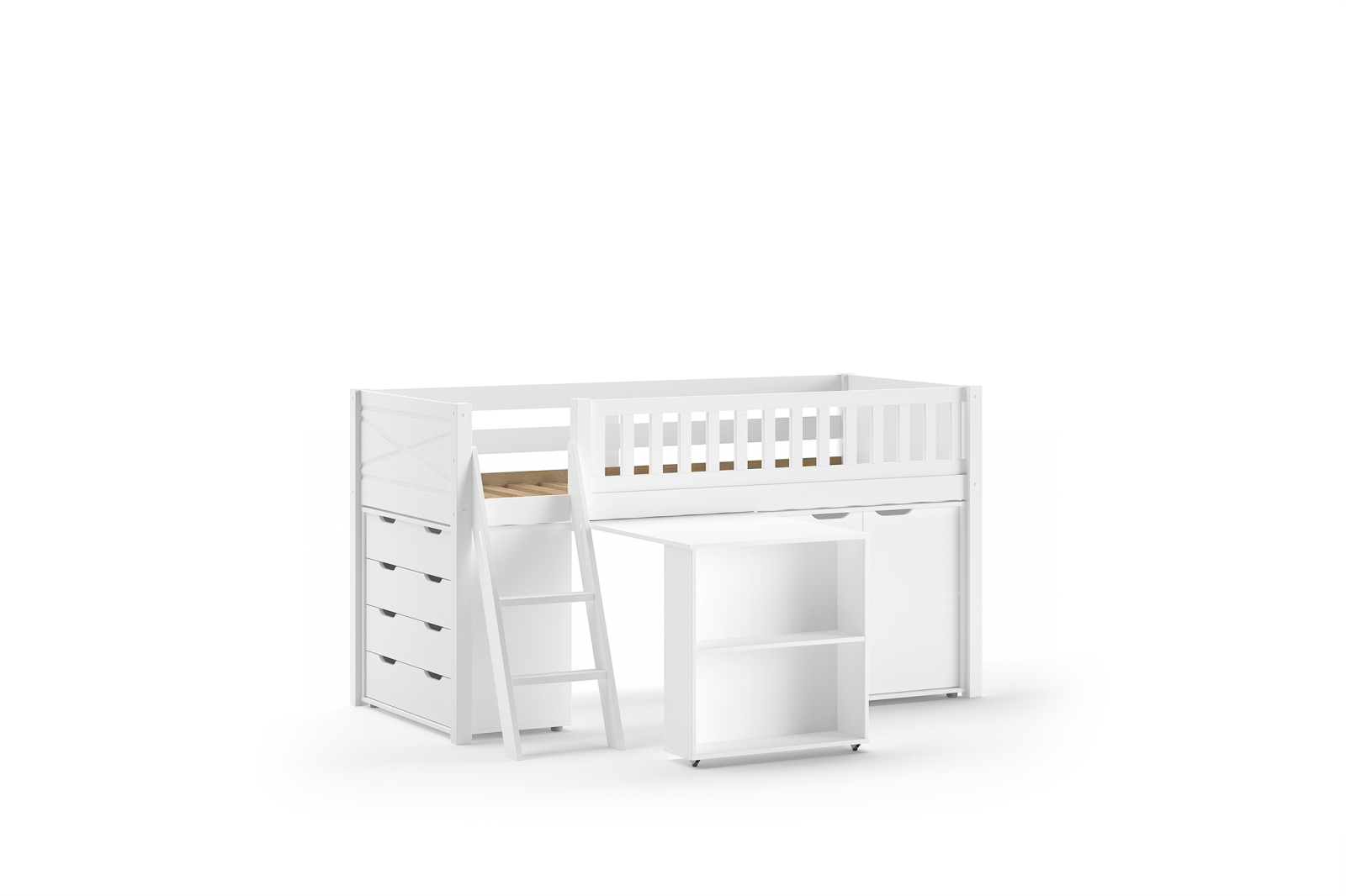 Spielbett SCOTT - weiß - Schreibtisch und 2 Kommoden - 90x200 cm
