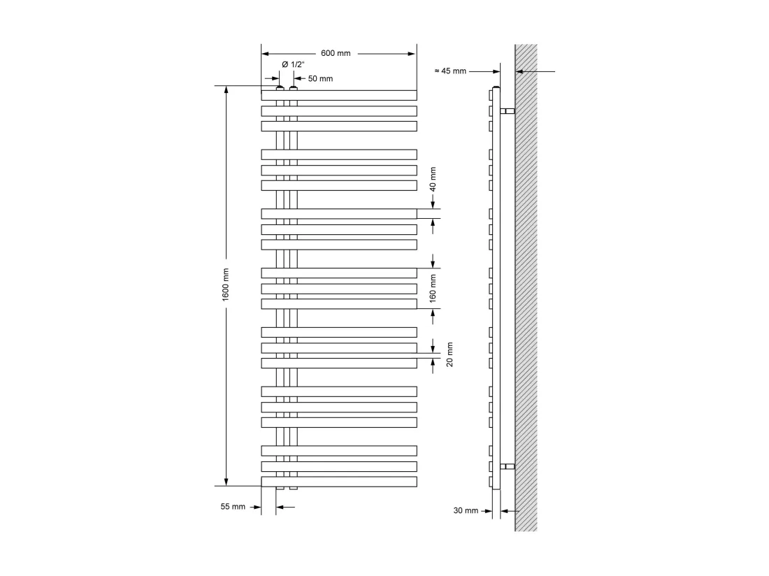 Radiateur de Salle de Bain Iron EM 600x1600 mm Blanc Raccord Central au Bas avec Garniture