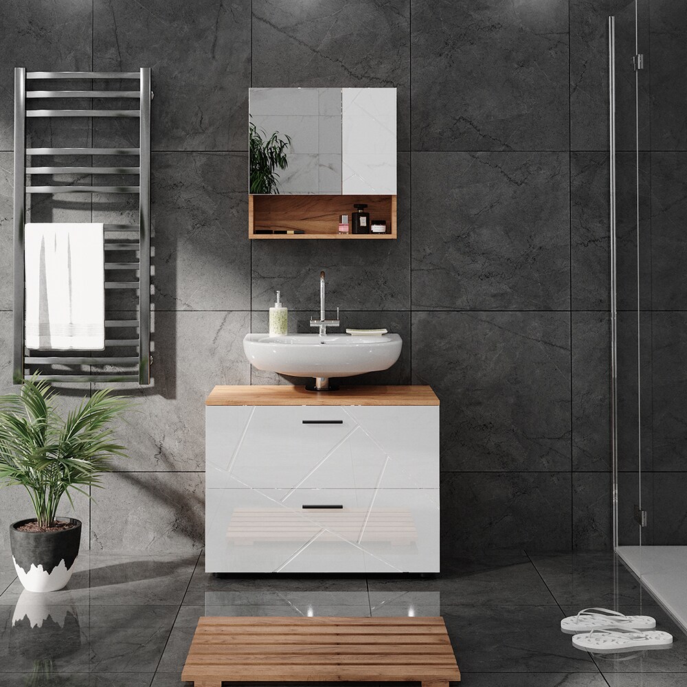 Vicco Badmöbelset Irma Eiche Weiß Hochglanz modern Badezimmerschrank Badschrank Badezimmermöbel Waschtischunterschrank Spiegelschrank Schrankschublade Schrankfach Schranktür