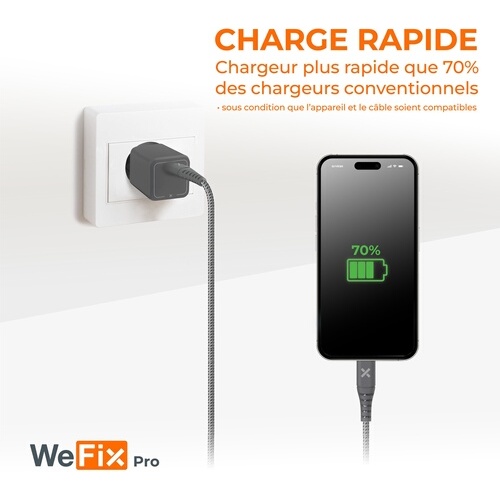 Chargeur pour téléphone mobile Wefix Pro Chargeur secteur GaN 30W + cable Lightning 1.2 metres