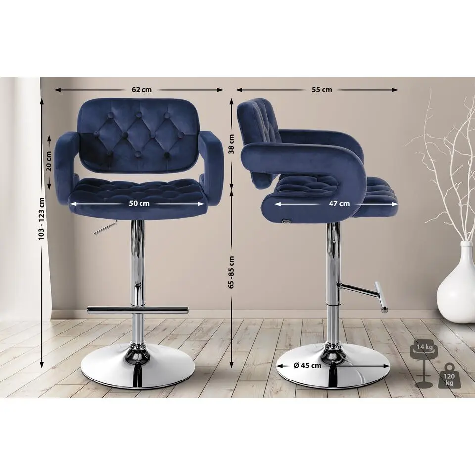 CLP Barkruk Dublin chroom Frame - Fluweel - blauw