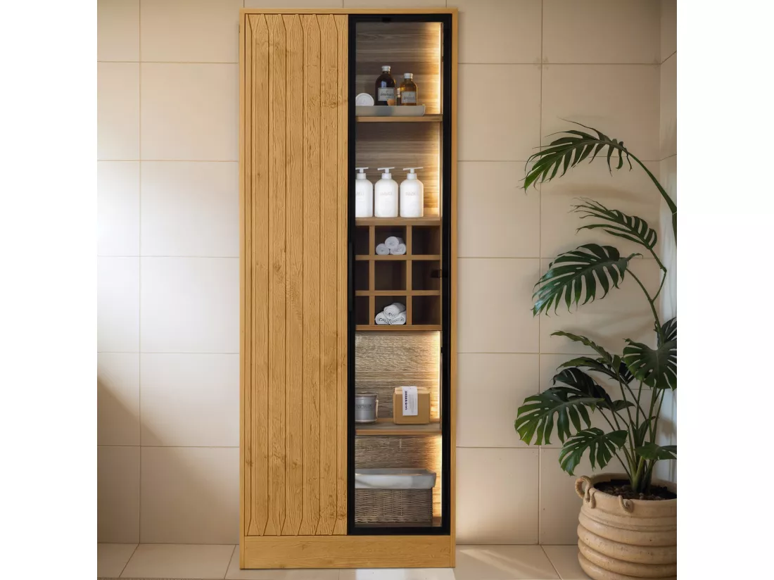 Vitrine, Meuble de salle de bain avec 2 portes vitrées - 60 x 35 x 160 cm - Bois MDF - LEDs - Naturel
