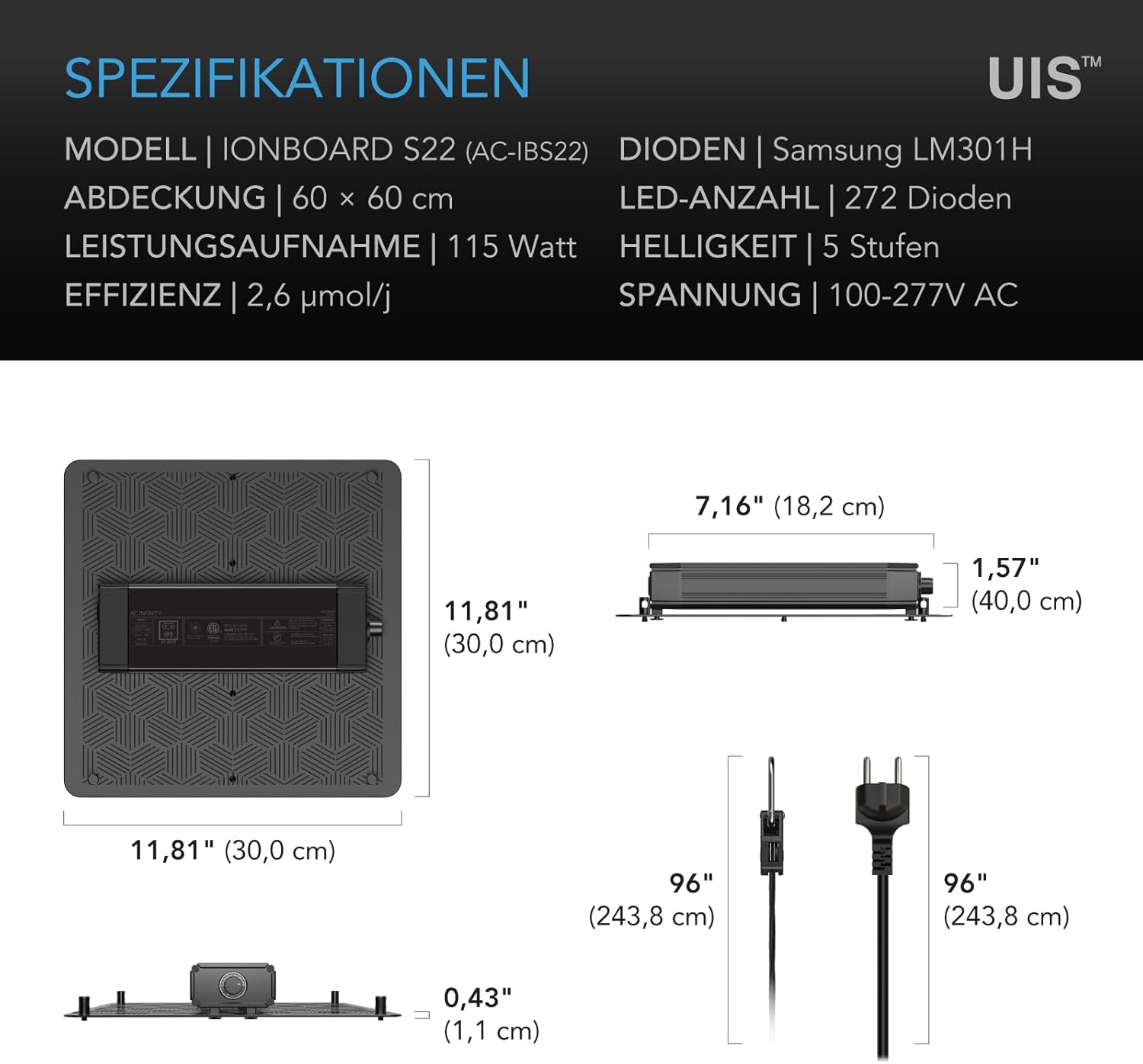 AC Infinity IONBOARD S22 LED Grow Light für 60 × 60 cm Grow Zelte, mit LM301H LEDs und Vollspektrum-Licht für Wachstum & Blüte