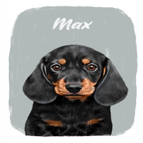 Retrato realista personalizado de Mascochula Max em folha com seu animal de estimação cinza.