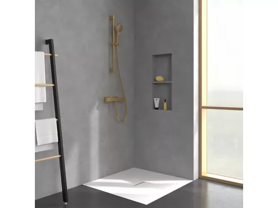 Mitigeur douche thermostatique VILLEROY ET BOCH Universal rectangle + Ensemble de douche Verve Showers 3 jets Or brossé