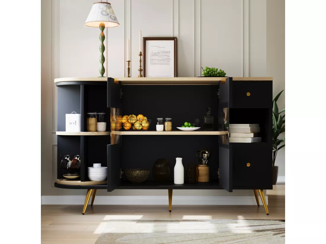 Buffet armoires de rangement effet bois et noir avec 2 portes battantes en verre éclairage LED poignets et pieds dorés RIPHRENS BLACK