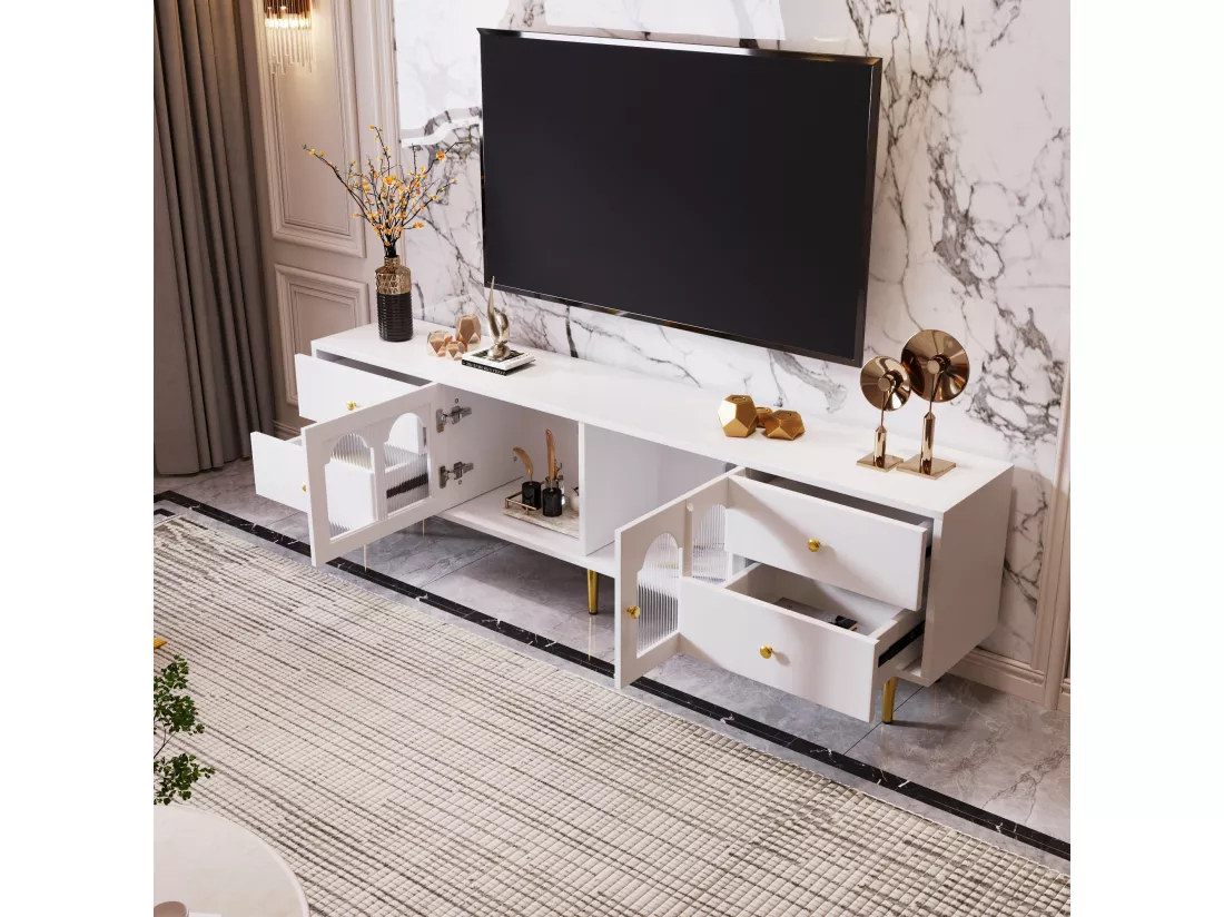 Meuble TV 170cm - 4 tiroirs et 2 portes - poignées et pieds dorés - Blanc