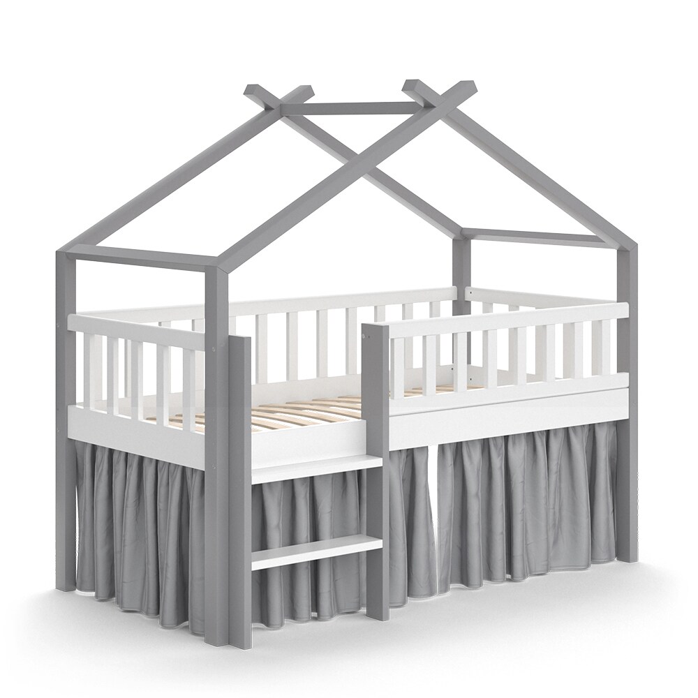 VitaliSpa Kinderbett Bettenhaus Einzelbett Adis Weiß Grau modern 168x158 cm Kinderzimmer Rausfallschutz Massivholz Lattenrost Bettleiter Hausbett Hochbett