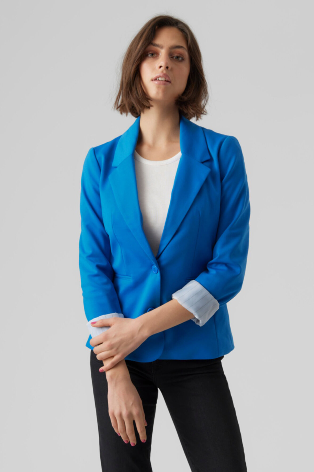 Blazer feminino de manga comprida com bolsos - Azul escuro