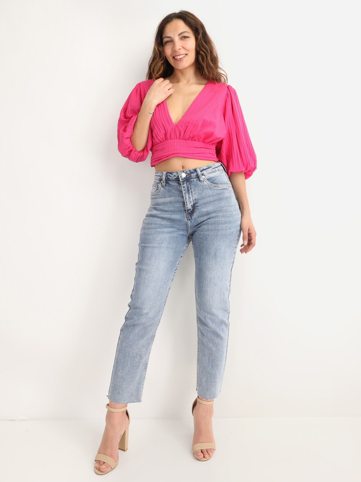 Crop Top plissé à manches ballons- Fuchsia