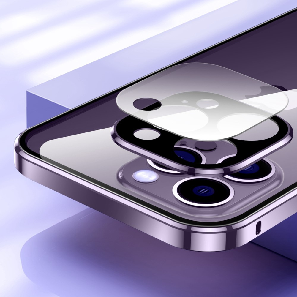 iPhone 14 Pro Magnetische Alu Schutzhülle mit Panzer Glas Backcover   Display- / Kameraglasschutz (Magnet-Technologie) - Schwarz