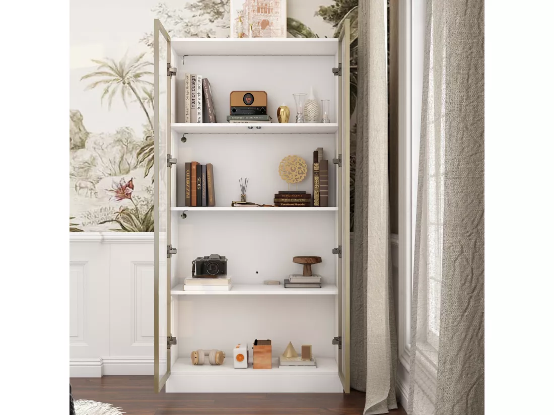 Vitrine avec LED et Portes en Verre Meuble de Rangement en Verre Debout avec 4 étagères Design Pop-up 80x40x160cm Blanche
