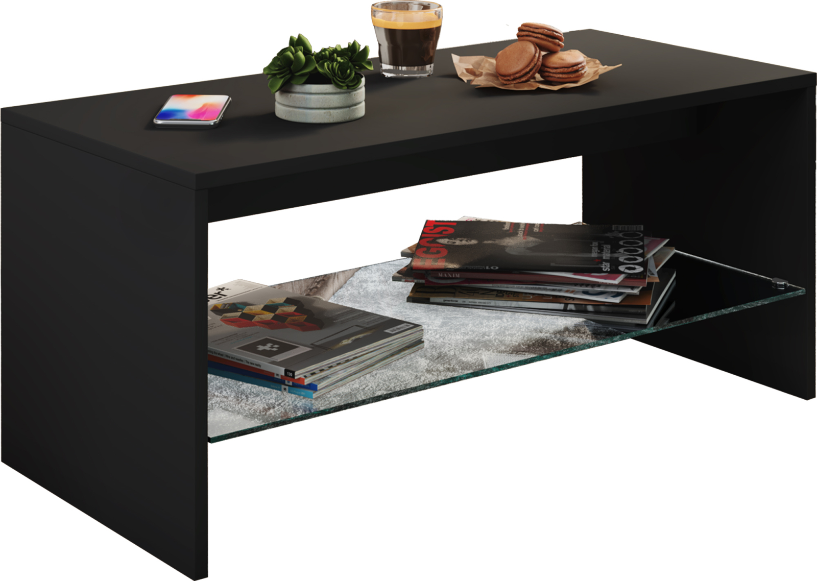 Couchtisch WISAL - schwarz - Glasablage - 90 cm