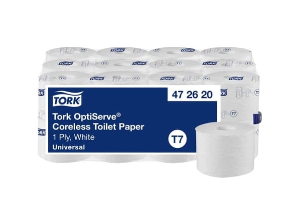 Toiletpapir Tork OptiServe T7 1-lags hvid u/hylse 143,8m 24rul/kar 472620