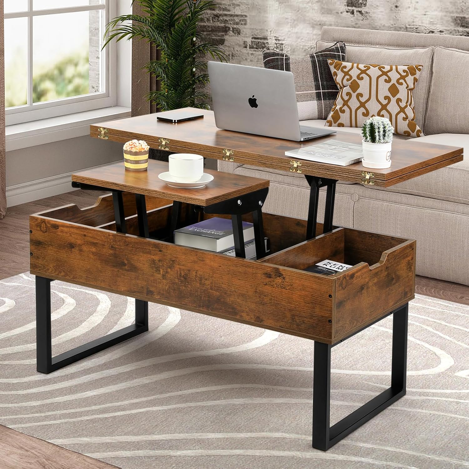 VOWNER Couchtisch Höhenverstellbar, 3-in-1-Multifunktions-Wohnzimmertisch mit Versteckter Aufbewahrung, Couchtisch Umwandelbar in Wohnzimmer-Esstisch, Vintage-Braun