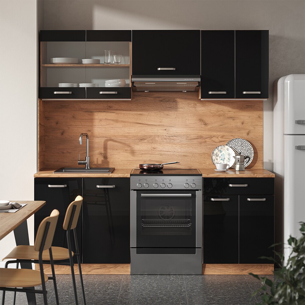Vicco Küchenzeile R-Line Solid Eiche Schwarz 200 cm modern Küchenschränke Küchenmöbel