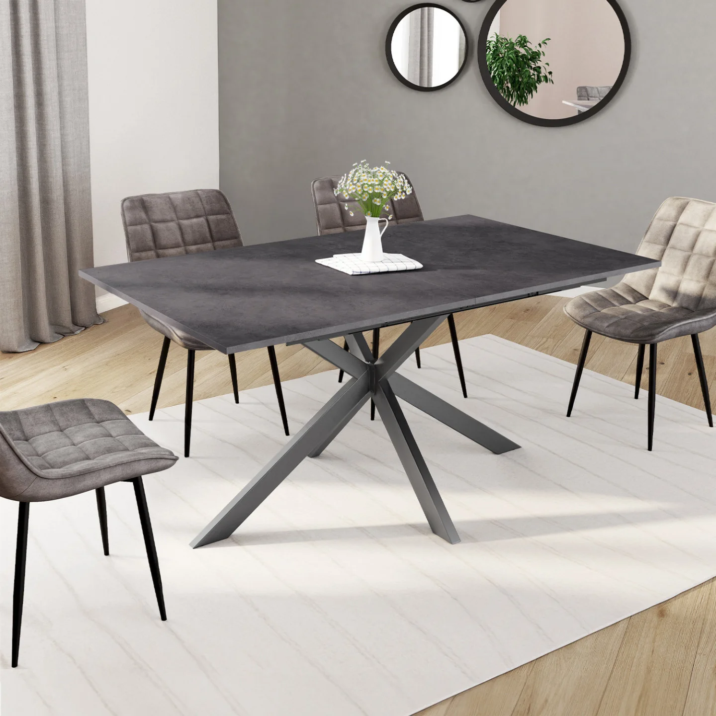 Table à manger extensible rectangle JASPE 6-10 personnes plateau effet béton pied araignée gris anthracite 160-200cm