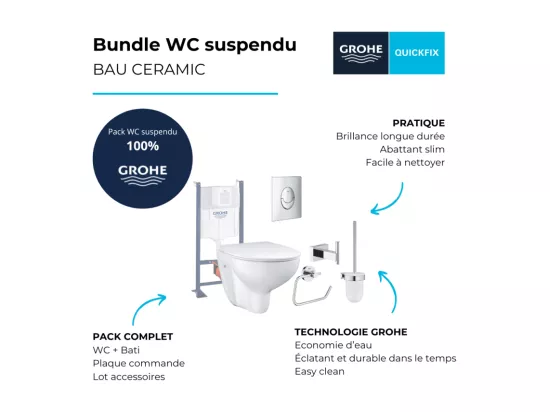 Pack WC sans bride Bau Ceramic Slim + abattant + Bati support autoportant + Plaque commande ovale chromé + Accessoires