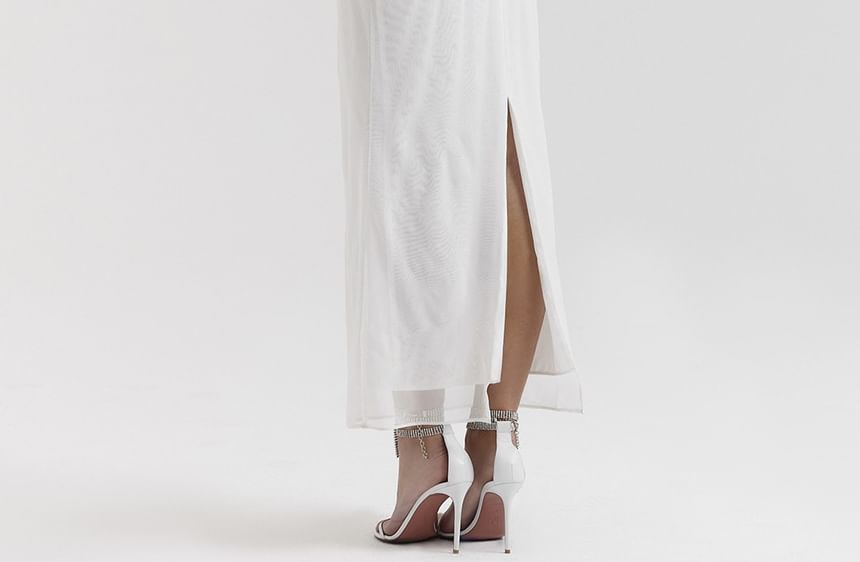 Alizio - Lange mouw V-hals imitatie tweedelige maxi-bodyconjurk met kanten paneel en split van mesh