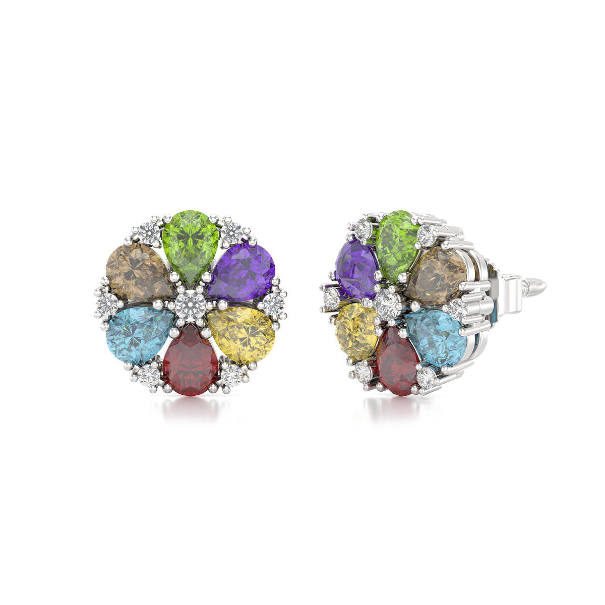 Boucles d'oreilles ADEN Or 585 Blanc Multi-Pierres semi-précieuses et Diamant 2.74grs