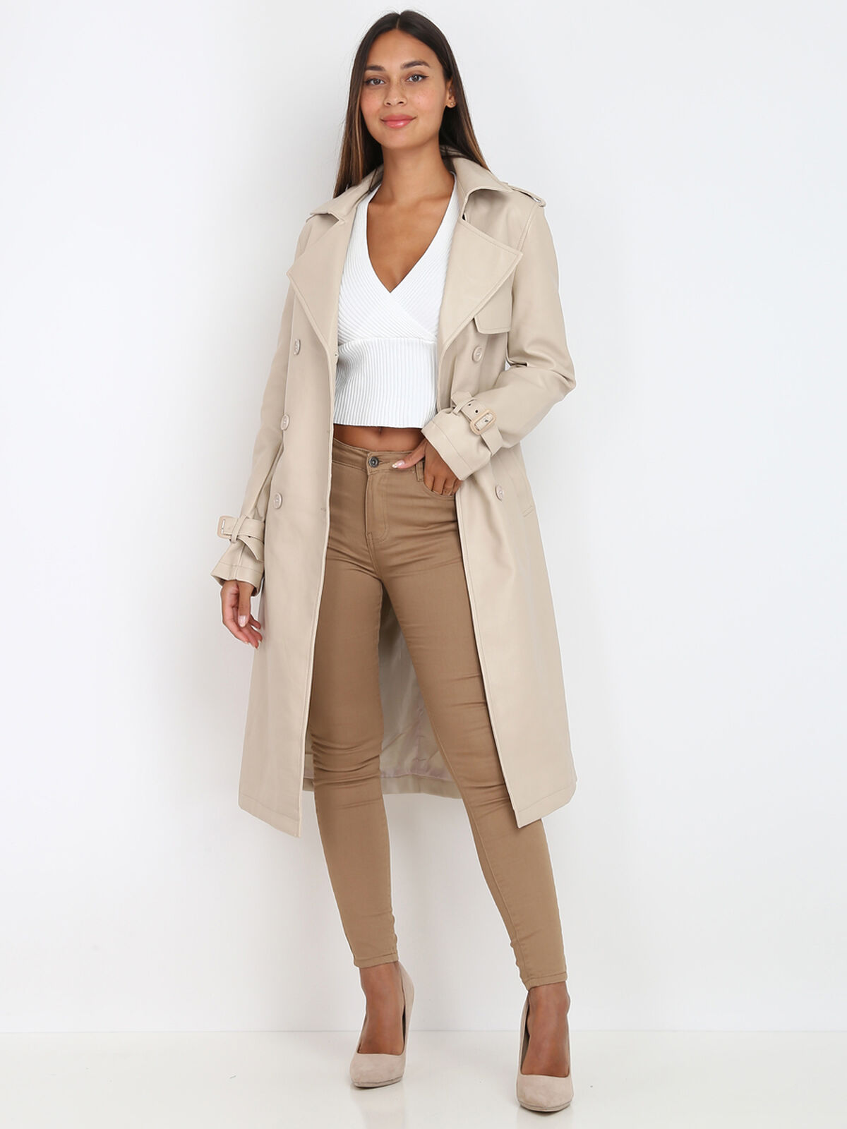 Trench en simili avec ceinture- Beige
