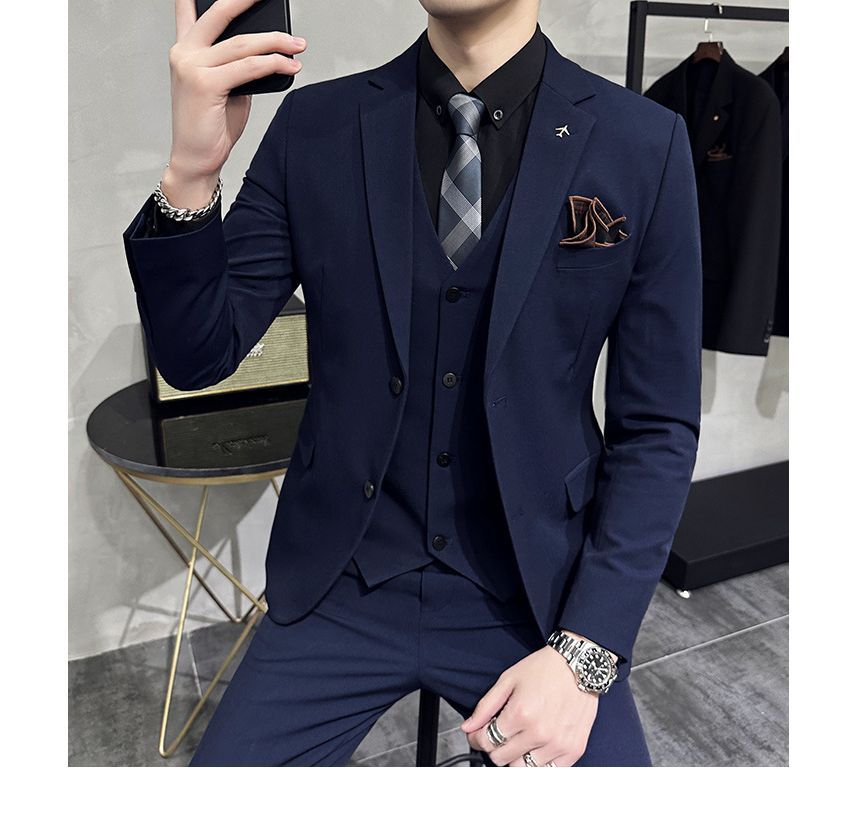 Deepwood - Set: effen enkelrijs blazer + vest + rechte pantalon