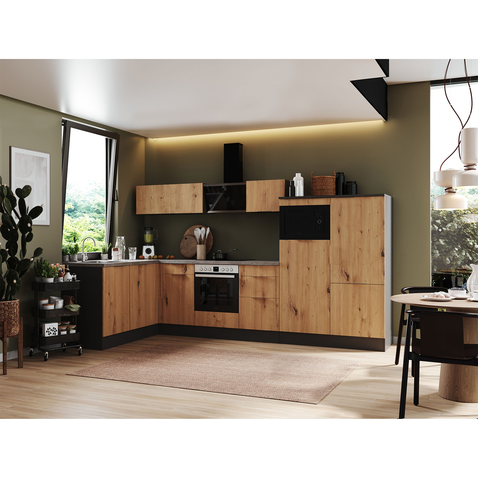 RESPEKTA Winkelküche - Artisan Eiche - grau matt - mit E-Geräten - 340x175 cm