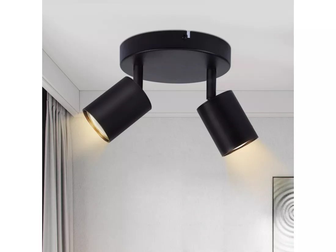 NETTLIFE Spot de plafond LED Plafonnier à 2 lampes noir GU10 330° orientables ronds modernes