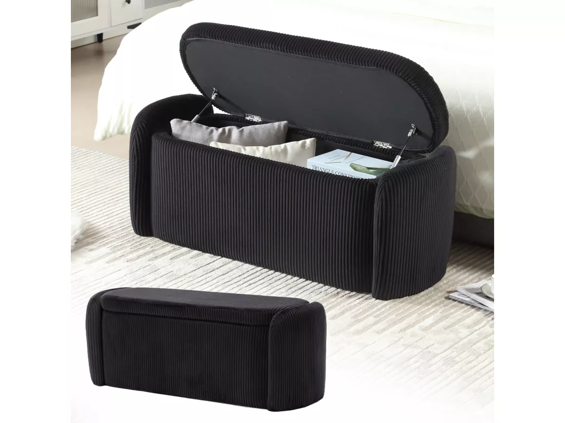 Tabouret de rangement en velours rayé, confortable et polyvalent, idéal pour le salon et la chambre,noir