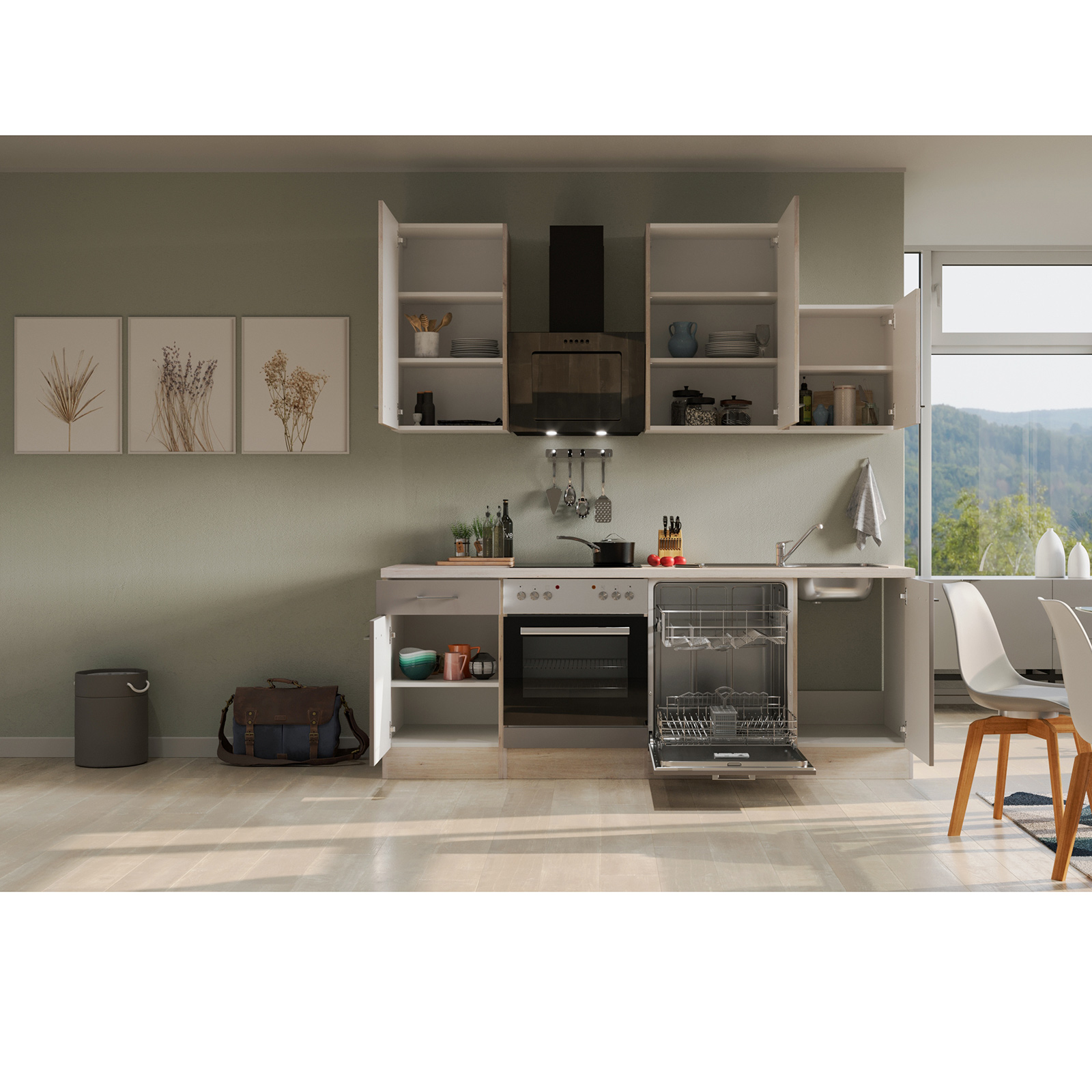 Küchenblock RIVA - Quarz Cubanit - San Remo Eiche - mit E-Geräten - 220 cm