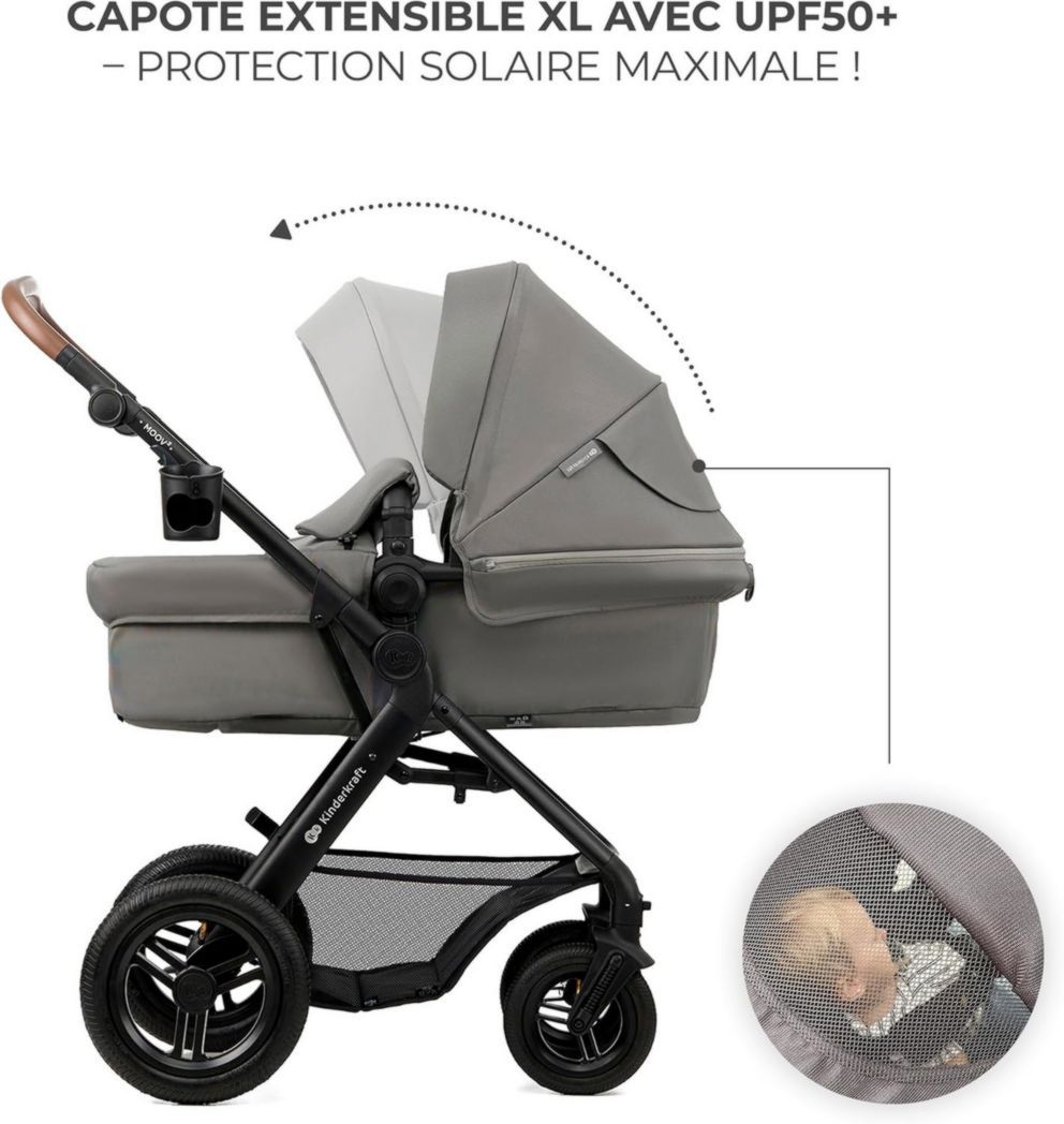 Poussette 3-en-1 Kinderkraft MOOV2, système de voyage de la naissance à 27 kg, siège auto Mink PRO I-Size inclus, pare-soleil extensible avec filtre UPF50+, accessoires pratiques, gris