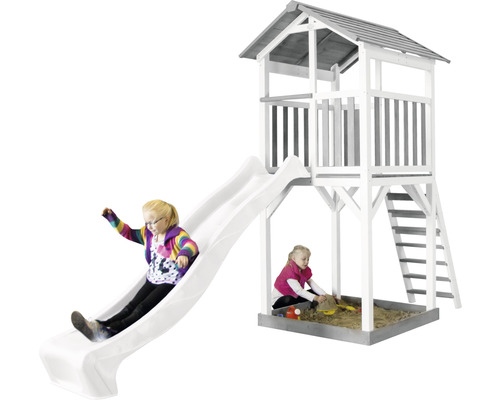Axi Beach Tower speeltoren, witte glijbaan, hout, grijs en wit
