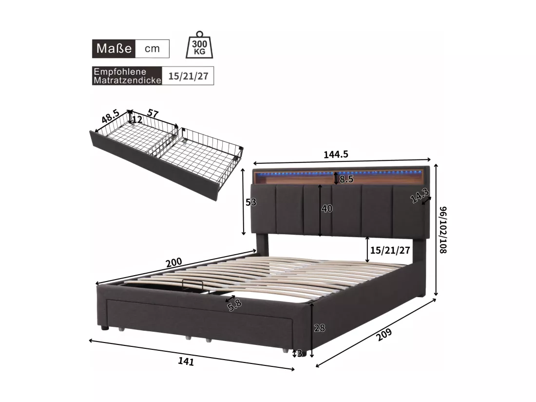 Lit coffre 140x200cm en lin Gris, avec LED et tête de lit rangeable, boîte de lit hydraulique