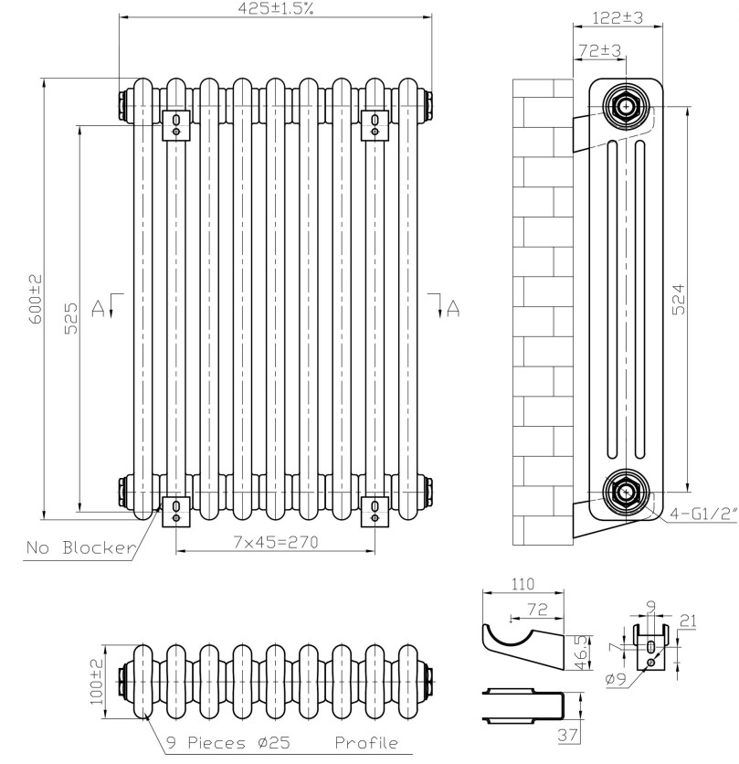 Eastbrook Imperia 3 koloms radiator 40x60cm 850W zwart mat